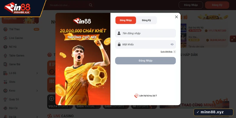 Giao diện đăng nhập Min88 và liên kết bảo mật mã OTP chính chủ