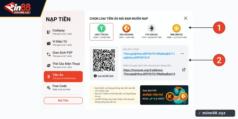 Phương thức nạp tiền Min88 qua ngân hàng CodePay2 và ví USDT TRC20