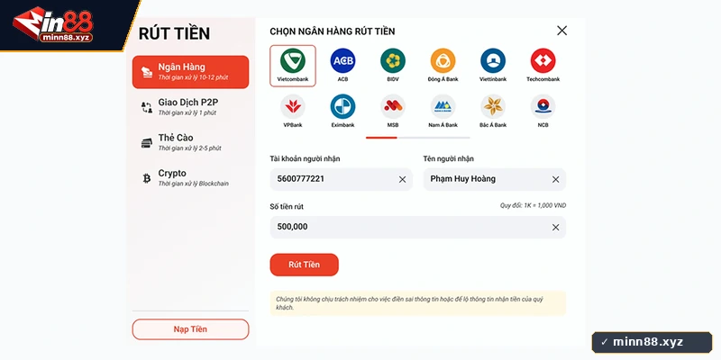 Quy trình lập lệnh rút tiền Min88 về tài khoản ngân hàng nội địa